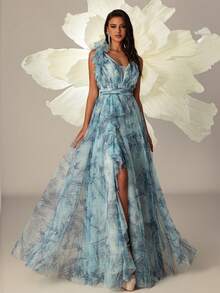 VIPGIRL Long Blue Printed Mesh Elegant Women's Evening Gown - Blue - View 4