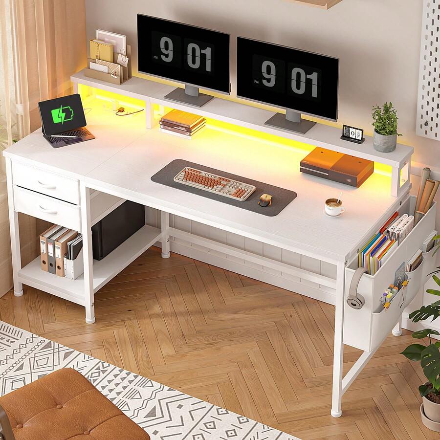 48"W Computer Desk With LED Strip & 2 Drawers & Storage Bag Corner Desk With Power Outlets & Monitor Stand For Bedroom, Gaming Room,White - Xem 1