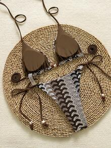 Bộ bikini buộc cổ thanh lịch, thoải mái dành cho nữ, màu nâu, họa tiết sóng biển với chi tiết đính cườm và thiết kế buộc dây phía sau. - Nhiều màu - Xem 4