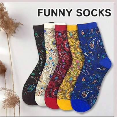 3/5/10 Pairs Women Funny Socks, Comfortable Cute Printed Pattern Bohemian Style Casual Versatile