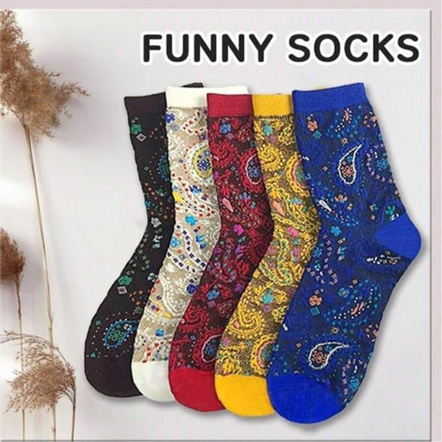 3/5/10 Pairs Women Funny Socks, Comfortable Cute Printed Pattern Bohemian Style Casual Versatile - Multicolor - View 1
