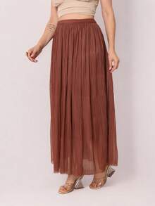 Saia Longa Feminina Elegante Tule Plissado com Forro Cintura Alta Look Festa Noite - Marrom - Visão 2