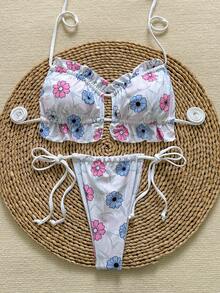 休闲优雅性感吊带比基尼套装，印花系带露背设计，饰有打结细节 - 彩色 - 查看 3