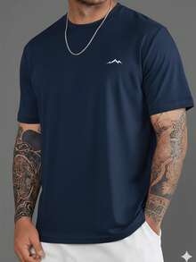 Men's Round Neck T-Shirt Mountain Print Shirt Blouse 30.1 Yarn Comfortable Cotton Shirt Immediate Shipping Various Colors - 藏蓝色 - 查看 1