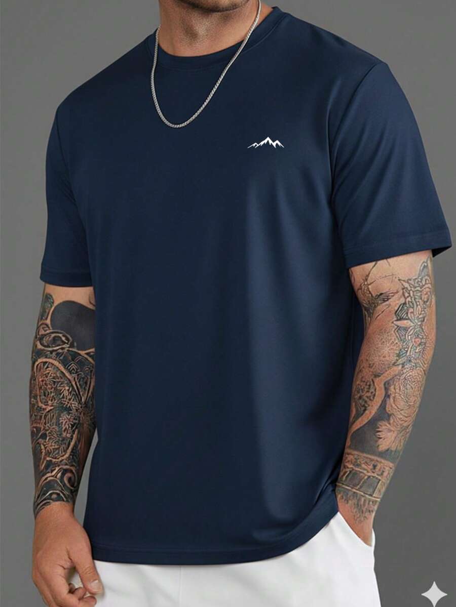 Men's Round Neck T-Shirt Mountain Print Shirt Blouse 30.1 Yarn Comfortable Cotton Shirt Immediate Shipping Various Colors - 藏蓝色 - 查看 1