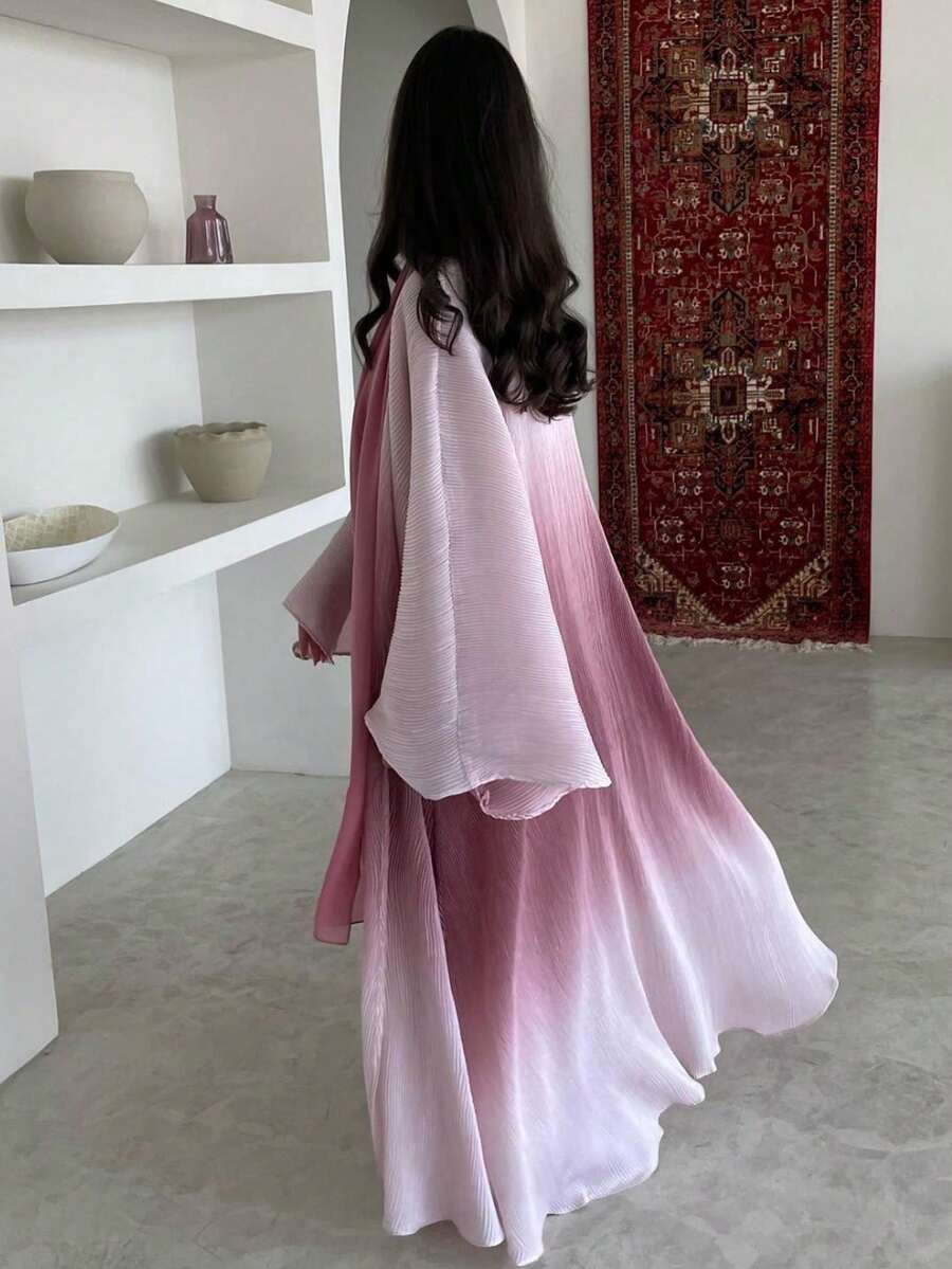 1 Piece Of Fashionable Simple Tie-Dye Wrinkle Print Gradient Women's Solid Color Middle Eastern Clothing Long Skirt Fashionable And Elegant Cardigan Dress Robe Abaya Suitable For Daily Festivals