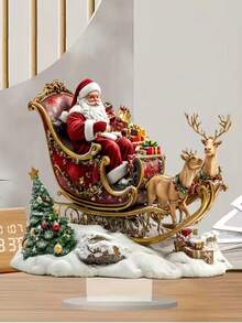 1 pezzo Statua in stile bohémien in acrilico di Babbo Natale e la sua slitta con renne, decorazione natalizia da tavolo multifunzionale per casa, ufficio e regali, include base - Multicolore - Visualizzare 6