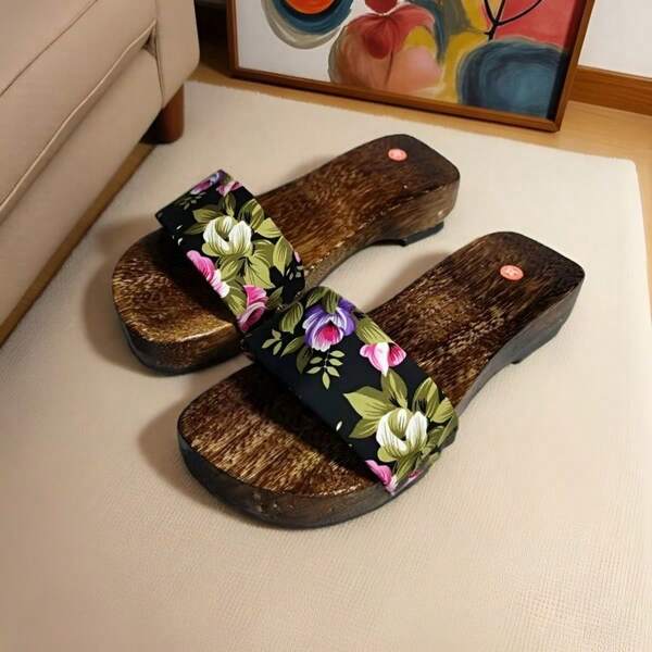 Holzclogs-Pantoffeln für Frauen mit floralem Muster in Schwarz und bunten Blumen, chinesischer Stil Lässig Hausschuhe, geeignet für Frühling, Sommer, Herbst, Winter, Alltag, Urlaub, Kimono-Stil