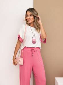 Women's Set, Wide Leg Pants, Two-Tone Sleeve Blouse, Loose, Elegant - Rosa - Ver 2
