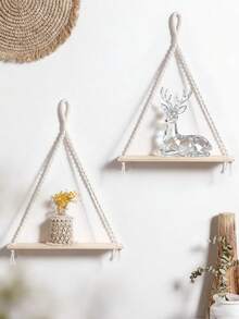1pc/2pcs Handmade Woven Wall Hanging Rack, Triangular Wooden Floating Shelf, Boho Style Wall Mount Storage Rack With Macrame Tassel, Minimalist Home Decor, Natural Beige, Suitable For Living Room, Bedroom, Office And Entryway - Beige - View 6