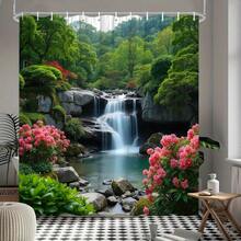 1pc Japanese Garden Waterfall Azalea Pond Shower Curtain Tranquil Flowing Water Rich Leaves 70.8x 70.8inch With - Nhiều màu - Xem 7