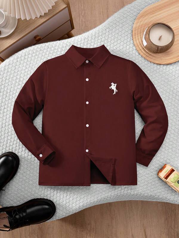 Boys & Kids Classic Burgundy Pocket Long Sleeve Shirt, Formal Attire Suitable For Casual Gatherings, Ring Bearer, And Various Formal Occasions