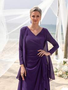 Mother Three-Quarter Sleeve Cardigan-Style 2 In 1 V-Neck Floor-Length Party Gown – Chiffon Ruffled Hem, Form-Fitting Silhouette For Beach Weddings & Upscale Outdoor Events - Purple - View 8