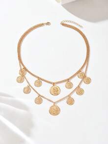 1pc Fashionable Vintage Coin & Badge Pendant Multilayer Necklace, Minimalist Elegant Jewelry For Women, Suitable For Casual, Holiday, Date, Party, Gift, Adjustable Length