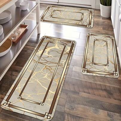 2/3pcs Spring Summer Kitchen Decor Mat Set, Marble Style Gold Plated Printed Floor Mats For Home & Laundry Room Entrance Doorway Absorbent Lightweight Washable Easter Mother Day Valentine Gift, Kitchen Floor Mats, Kitchen Rugs Non Slip Washable