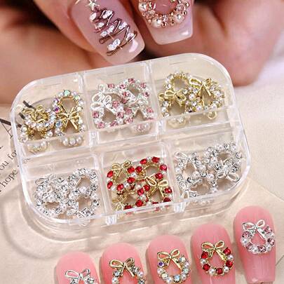 6件套圣诞美甲装饰品，金银蝴蝶结，镶嵌水钻和珍珠，圣诞圆形3D扁平美甲饰品，宝石可爱美甲装饰，美甲沙龙用品，DIY美甲