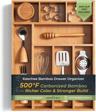 Carbonized Bamboo Kitchen Drawer Organizer, 10 Slots Expandable Silverware Organizer, Utensil Holder & Cutlery Tray, 2.2" Deep For Extra Capacity, Non-Slip Feet Included