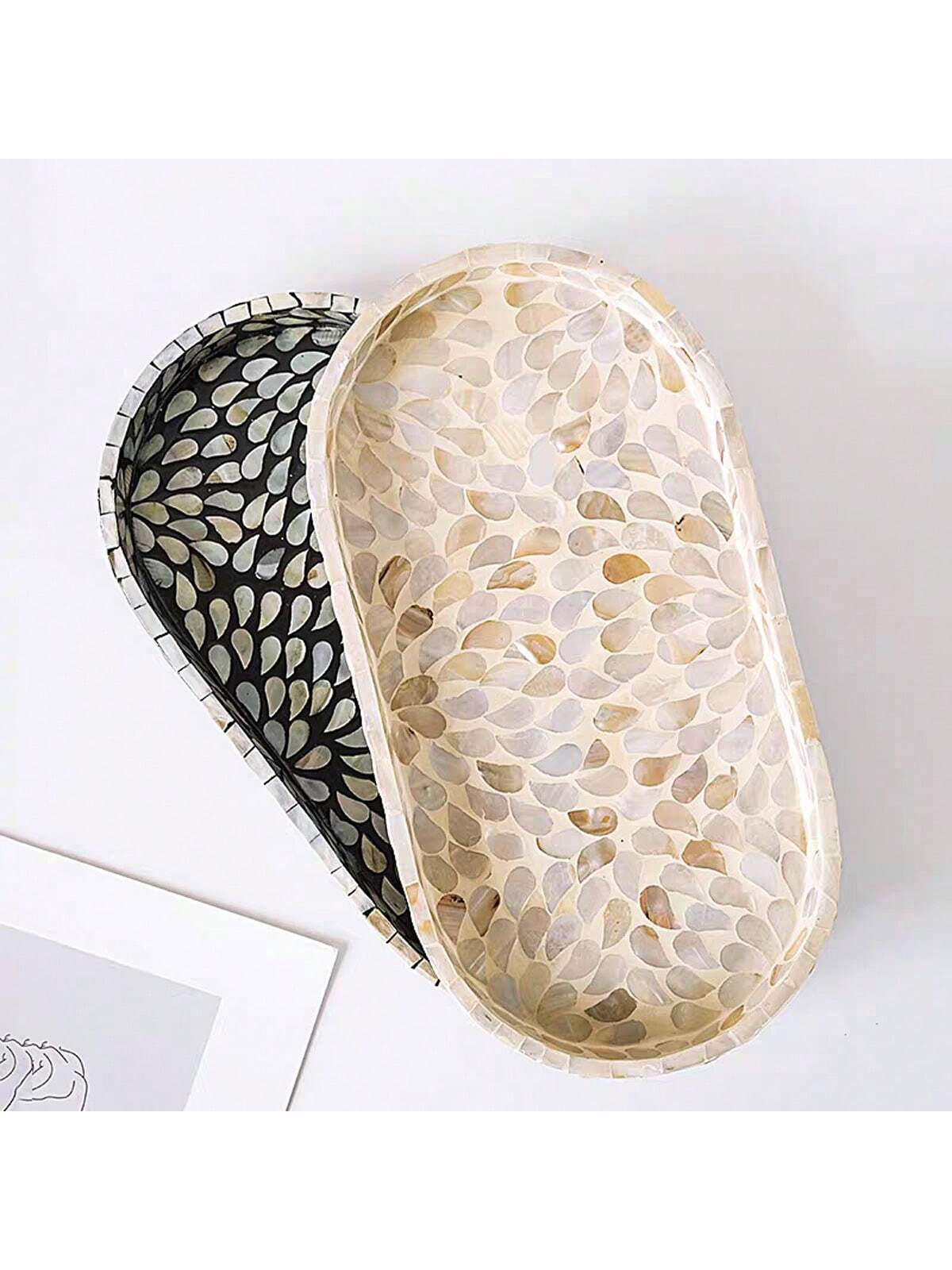 1 صينية منظم مكياج بيضاوية، أسود وأبيض، سطح مرصع ب...