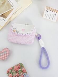 1 Piece Cute Embroidered Love-Shaped Pattern Card Bag Cute Strip Print Bluetooth Headphone Storage Bag Mini Makeup Hanging Bag Pink Floral Pattern Makeup Pouch Colorful Wrist Band Coin Purse Flip-Up Design ID Card Organizer Bag Charger Bag Charger Case Waterproof Bag For Women For Men Electronic Organizer Travel Essentials