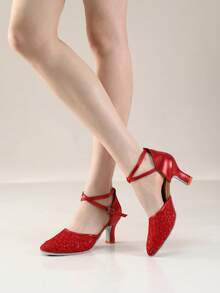 女士拉丁舞鞋亮片包头舞鞋交谊莎莎舞厅练习表演舞鞋婚礼派对高跟红色舞鞋 - 紅色 - 查看 7