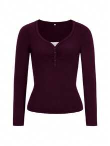 Áo thun nữ GAOVOT, phong cách Y2K mùa xuân/hè, thường ngày, gợi cảm, màu trơn, phối ren, tay dài, cổ chữ V, phù hợp cho việc đi làm. - màu tím đậm - Xem 9