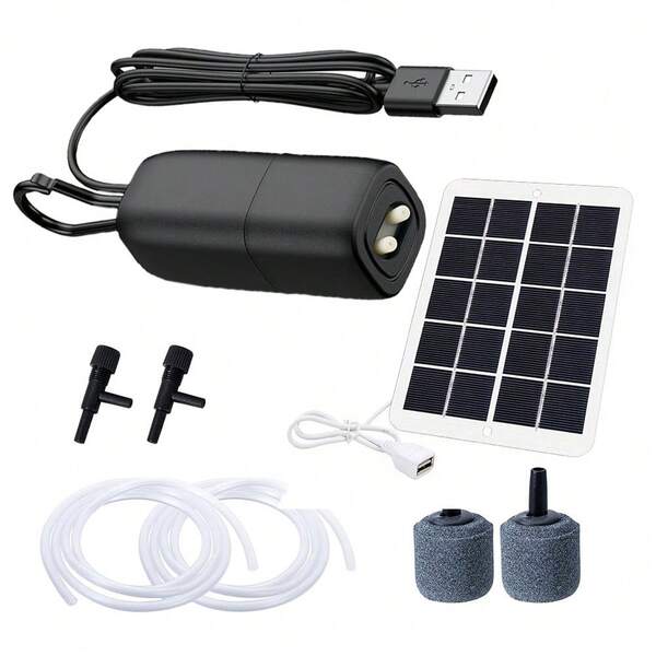 طقم مضخة هواء ذات مخرجين مع لوحة شمسية صغيرة للاستخدام في الحوض المائي، مضخة أكسجين هادئة مناسبة للأسماك الصغيرة، مناسبة للصيد والحوض المائي في الخارج، تشمل حجر الهواء وملحقات الأنابيب
