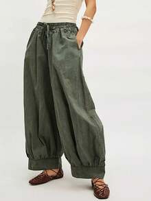 Women's Casual Cotton Linen Baggy Pants With Drawstring Elastic Waist Relax Fit Lantern Trouser With Pockets Daily Streetwear - màu xanh lá - Xem 1