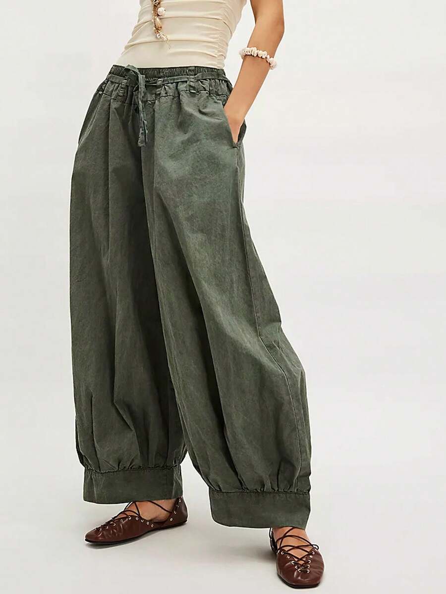 Women's Casual Cotton Linen Baggy Pants With Drawstring Elastic Waist Relax Fit Lantern Trouser With Pockets Daily Streetwear - màu xanh lá - Xem 1