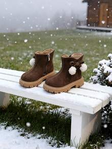 Girls' Boots, Children's Boots, Girls' Suede Ankle Boots, Cute Pom Pom Decor, Warm And Comfortable, Fashionable And Easy To Wear. Girls' School Shoes (Bow Decor In Two Styles, Randomly Shipped) - Brown - View 2