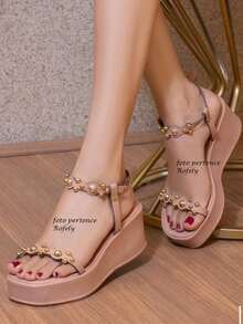 Comfort Sandal Platform Wedge Flat Papete ABS Detail 2 Straps Bohemian Y2K PU Leather Chain Office Party Wedding Home - 裸體 - 查看 4