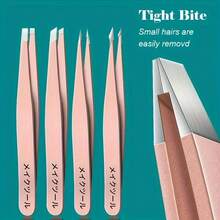 4pcs Precision Stainless Steel Tweezers For Eyebrow Hair Facial Hair Removal, Splinter, Blackhead Slant Tip Angle Tip Pointed Tip - Pink - View 2