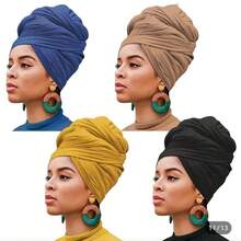 Set Of 4 Bohemian Style Pleated Head Wraps, Elegant Solid Color Turban Caps, Breathable And Ultra Soft Extra Long Headbands For Women - Xanh lá cây lạc đà xanh đen - Xem 2