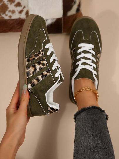 Lace-Up Leopard Print Patchwork Casual Soft Bottom Sneakers For Women, Autumn