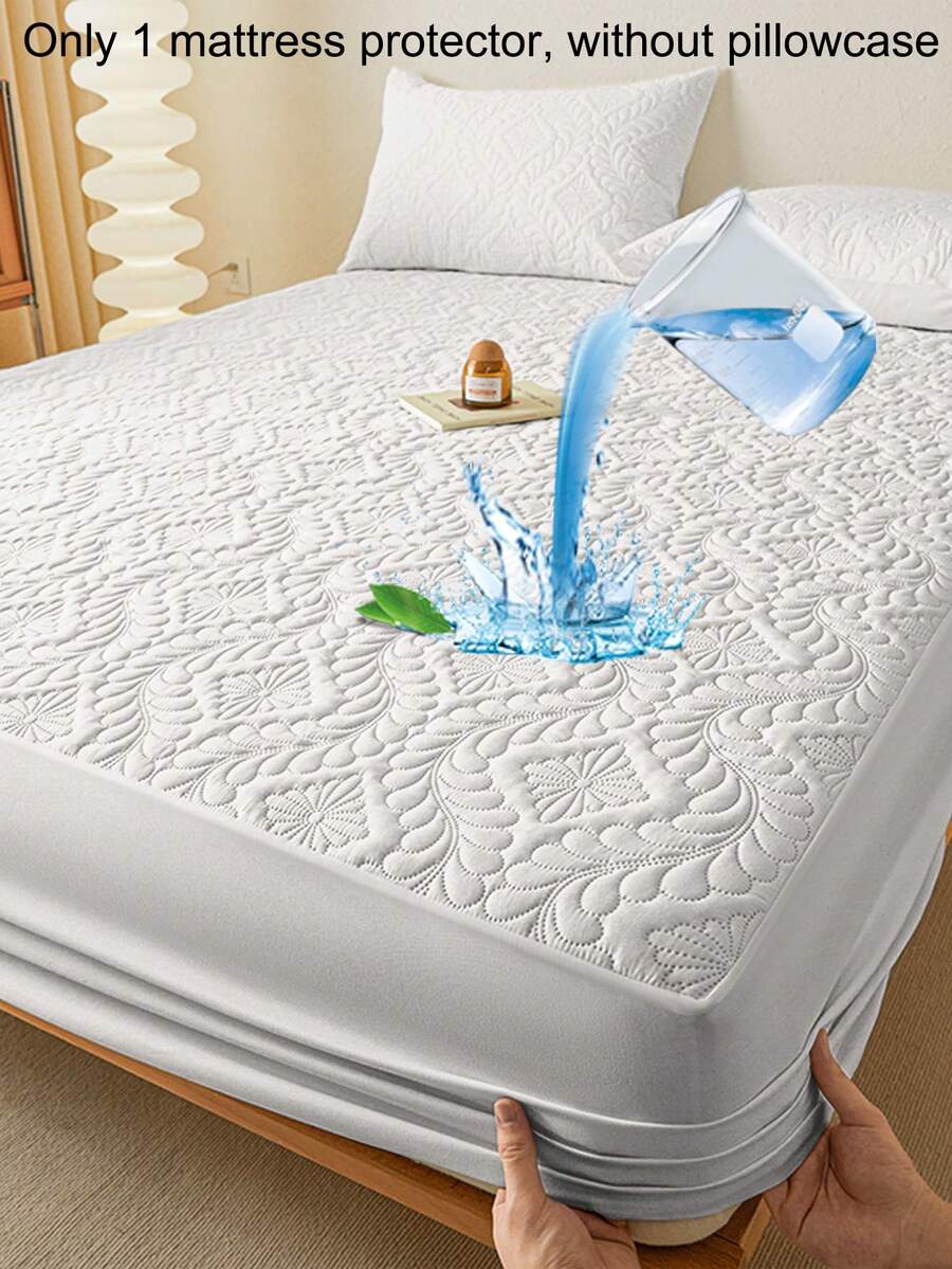 1pc Soft, Breathable And Comfortable Floral Pattern Pure White Mattress Protector, Moisture-Wicking Mattress Cover, Mattress Pad, Mattress Protector, Bedroom Use Solid Color Bedding (Pillow Case Not Included) - White - View 1