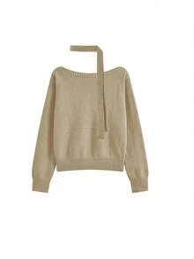 现货韩版复古露肩长袖毛衣，优雅百搭的吊带上衣，女士 - 卡其色 - 查看 4