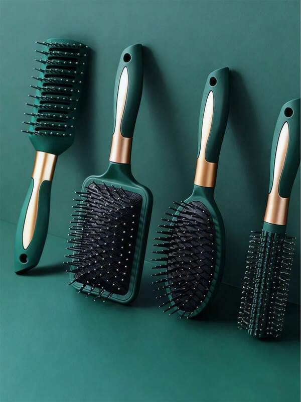 4 Peças/Conjunto Escovas de Cabelo - 1 Pente, 1 Escova Modeladora, 1 Escova de Almofada, 1 Pente de Dentes Largos, Adequado para Cabelos Cacheados, Lisos, Penteados, Salões, Massagem no Couro Cabeludo, Coloração de Cabelo