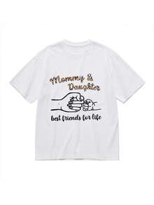 Camiseta de cuello redondo de algodón de alta calidad, ajuste elástico y delgado, tecnología transpirable y absorbente de humedad, camiseta de mujer 'Mamá e Hija' con estampado gráfico, cuello redondo, mangas cortas, cómoda y elegante para uso diario y viajes, costura de doble aguja duradera, colección primavera-verano, sin preocupaciones para el trabajo y deportes. - Blanco - Ver 1