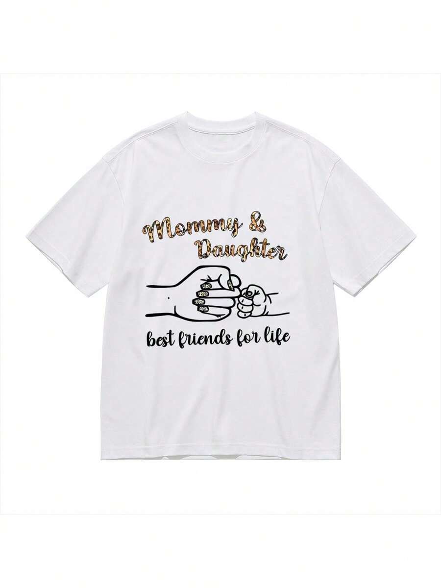 Camiseta de cuello redondo de algodón de alta calidad, ajuste elástico y delgado, tecnología transpirable y absorbente de humedad, camiseta de mujer 'Mamá e Hija' con estampado gráfico, cuello redondo, mangas cortas, cómoda y elegante para uso diario y viajes, costura de doble aguja duradera, colección primavera-verano, sin preocupaciones para el trabajo y deportes. - Blanco - Ver 1