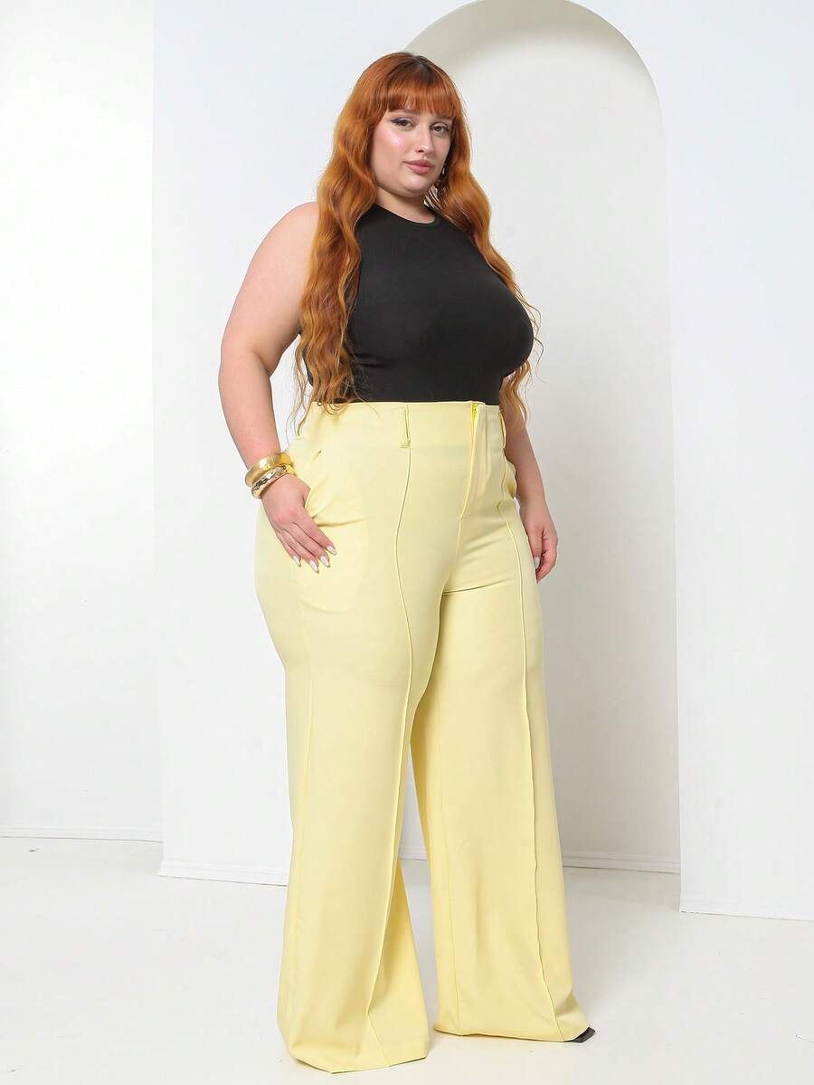 Plus Size Fashion Long Pants Without Belt And Pockets Without Belt - Light Yellow - View 1