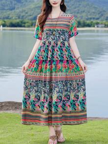 FANMUER Váy đi biển mùa hè họa tiết hoa Bohemian thanh lịch giản dị dành cho nữ - Đen và xanh lá cây - Xem 6