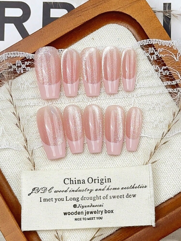 10 Pieces Handmade Blush Powder Base Color Temperament Leather Powder Edge French Side Light Cat Eye Wear Nail Medium Long Trapeze Everyday White Dating Detachable Fake Nails Suitable For Nail Art Diy Lovers Ladies Girls Press On Nails Nail Supplies Nails - Baby Pink - View 9