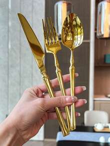 3pcs/15pcs/30pcs Slim Waist Design Stainless Steel Cutlery Set, Steak Knife Fork Spoon Suitable For Kitchen Restaurant Wedding Party Holiday Gift - Gold - View 4