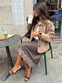 Women Satin Lace Trim Midi Skirt Polka Dot Print High Waist Long A-Line Skirts Vintage Silk Going Out Dress Y2k Streetwear Party Clubwear - Màu Khaki - Xem 4