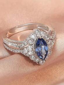 S925 纯银女士戒指，华丽高档优雅闪亮马眼订婚戒指，适合婚礼新娘装饰、日常装扮、情人节派对、情人周年惊喜礼物、派对宴会 - 淺藍色 - 查看 11