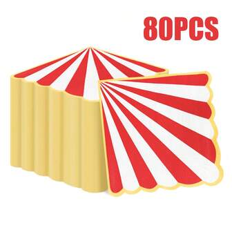 80/40/20pcs 13 * 13 Inch Disposable Red And White Striped Pattern Napkins With Yellow Asymmetric Borders, Suitable For Christmas, New Year Parties Or Themed Weddings, Birthday Parties, Holiday Celebrations, Family Dinners, Outdoor Picnics, Cafe Decoration Paper