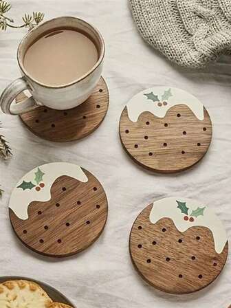 6 buc/set suporturi de pahare din lemn cu budincă de Crăciun, suporturi de pahare din lemn pentru casă, birou, cafenea, decor cameră de ceai, decorare masă, decorare restaurant, cadou de Crăciun