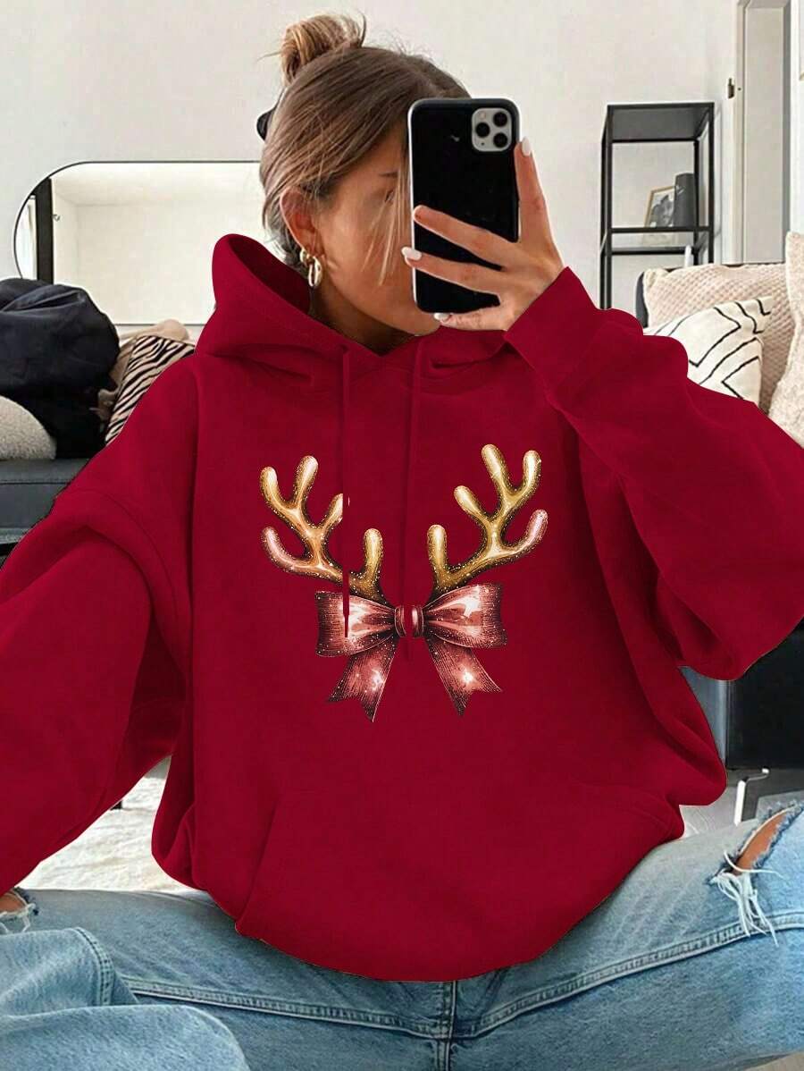 YOKASA Capucha con estampado de Navidad con bolsillo de canguro con cordón con forro térmico.Sudadera con capucha navideña,Sudadera con capucha informal y versátil para mujer,Sudadera con capucha con estampado navideño,Decorada con estampado gráfico,Perfecta para el día a día y para otoño/invierno1 pcs,250g Pure Heavy,100% Polyester - Rojo-YH1427 - Ver 1