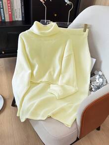 Bộ áo len dệt kim thường ngày và chân váy dài cho nữ, áo len chui đầu cổ cao và chân váy dài màu trơn, Thu/Đông - Màu vàng - Xem 3