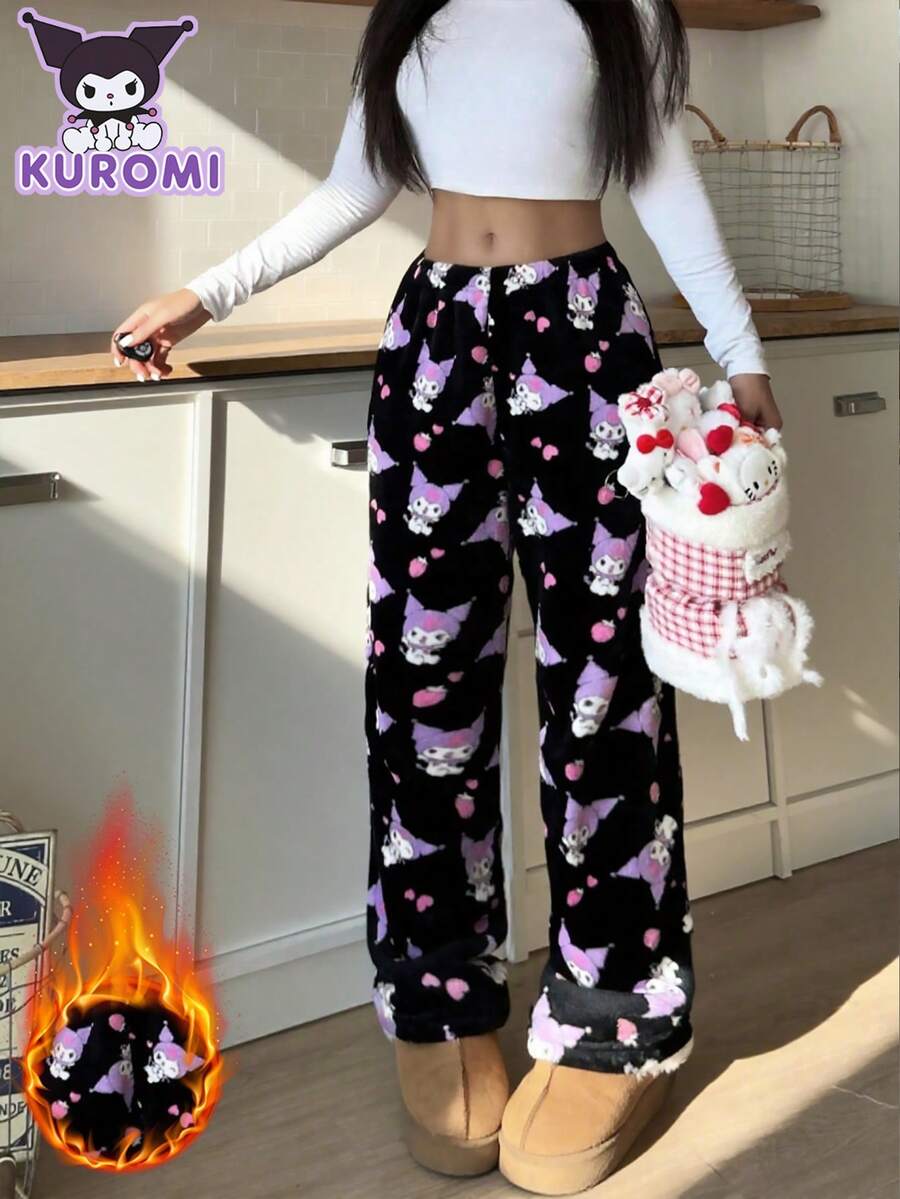 SANRIO Quần pajama vải flannel màu tím, in hình hoạt hình khắp quần, ống rộng, dáng suông, có dây rút, ấm áp, phong cách thường ngày dành cho bé gái, ngọt ngào và cá tính, phù hợp mặc trong nhà và ngoài trời, mùa thu/đông. - màu đen - Xem 1