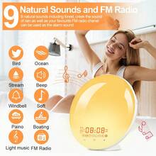 This Wake-Up Light Sunrise Alarm Clock Is Designed For Deep Sleepers And Bedrooms. It Features Sunrise And Sunset Simulation, Sleep Aid, Dual Alarms, Snooze Function, Night Light, Daylight Mode, 7 Colors, And 7 Natural Sound Effects, Making It An Ideal Gift Choice.